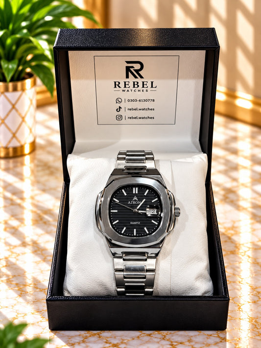 Atron Silver Black Dial Watch