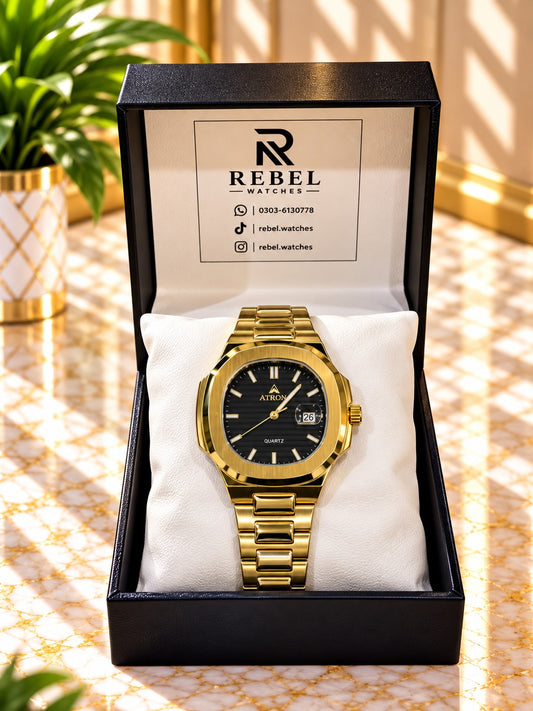 Atron Gold Black Dial Watch