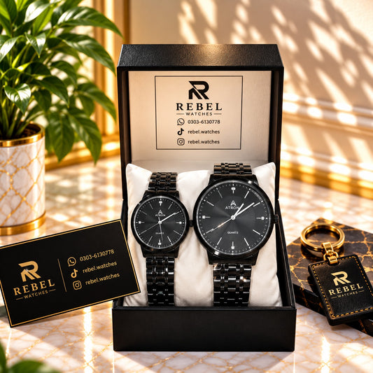 Atron Black Couple Watch Set